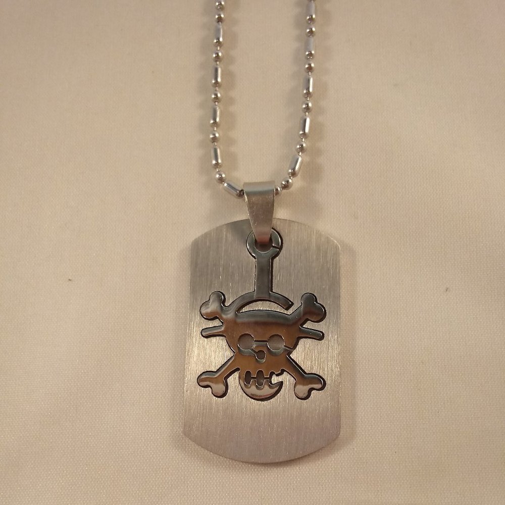 Mens Stainless Steel Pirate Skull Cut Fit Dog Tag Pendant Bamboo Chain Necklace - Picture 3 of 4